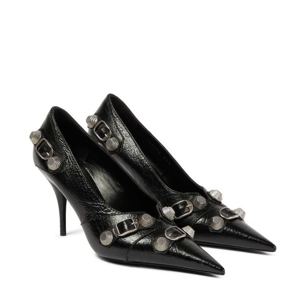 

cagole stiletto pumps lambskin leather heels shoes stud buckle embellished 90mm heel slip on pointed toes luxury designers dress shoe for wo, Black