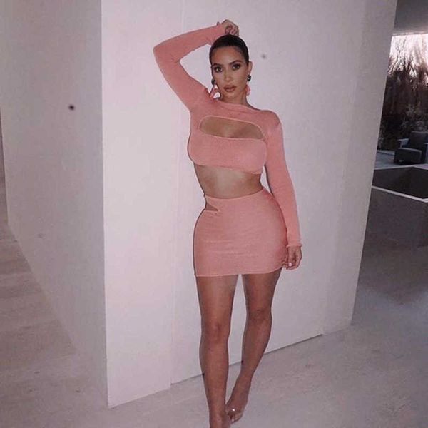 

women's ins selling autumn new two piece set hollow skirt tight long sleeve 0131, Black;gray