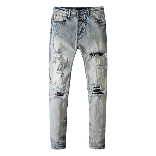 

fashion designer jeans men hole jean man hip hop pants skinny long straight leg zipper loose embroidery patchwork ripped denim trend375, Blue