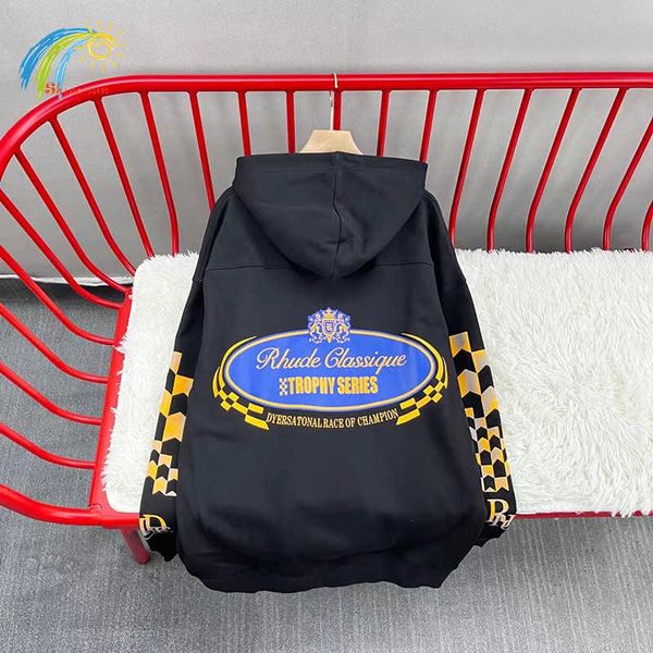

men's hoodies sweatshirts trophy series crown print hoodie autumn winter men women heavy fabric plaid sleeve pullovers loose t230111, Black