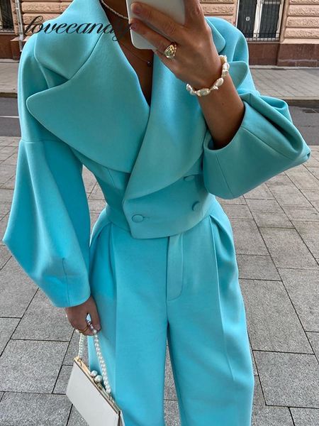 

women's two piece pant elegant woolen cropped blazer sets 2023 spring cashmere lantern sleeve 2 chic office ladies button suits 230208, White