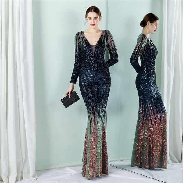 

party dresses yidingzs stretch navy sequined maxi full sleeve v neck mermaid evening night long prom 19037 230208, White;black