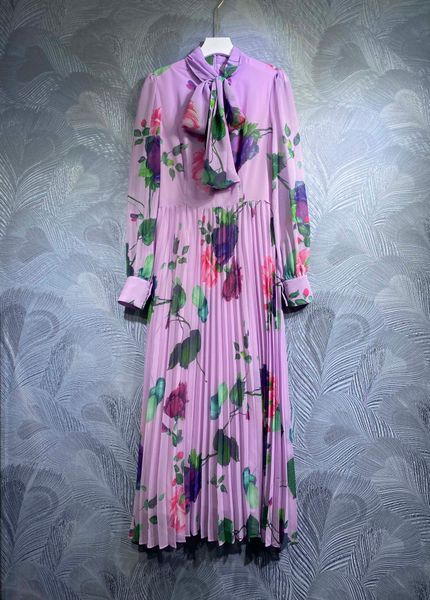 

2023 spring new elegant bowtie print long dress, Black;gray