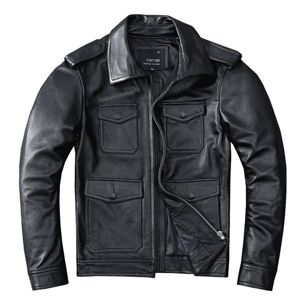 

genuine leather jacket men's motorcycle multi-pocket leather jackets fashion clothing male lapel coats biker bomber plus size 4xl 5xl, Black