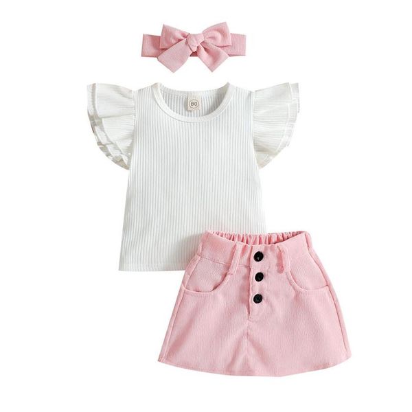 

clothing sets girls baby suits kids clothes children outfits wear children's cotton short sleeve t-shirt corduroy skirt hairband e23595, White