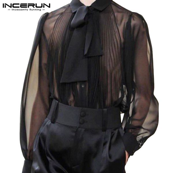 

mens casual shirts incerun shirt mesh see through lapel long sleeve camisas with tie streetwear pleated solid party clothing 5xl 230208, White;black