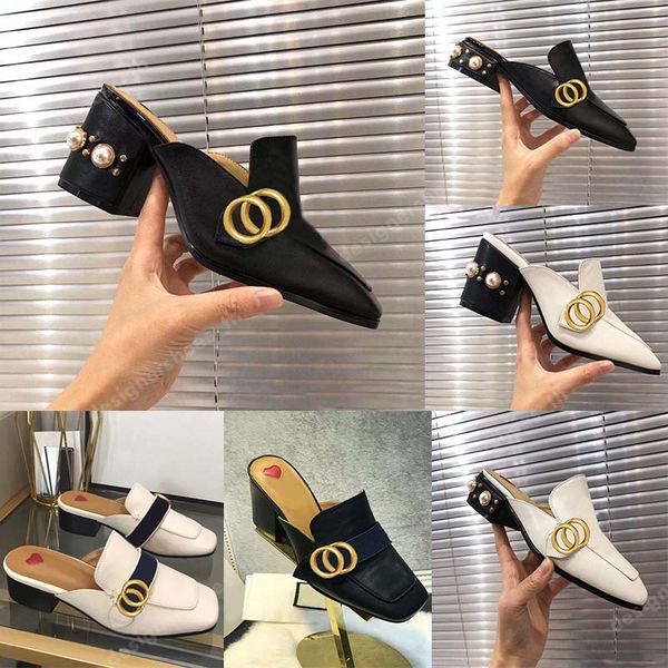 

designer sandal marmont classic mid heeled slipper cowhide tassels platform heels lazy sandals pearl high heeled shoes metal button, Black