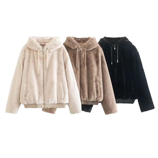 

women s jacket fashion artificial fur hooded jacket coat vintage long sleeve zipper female outerwear chic overshirt 230208, Black;brown