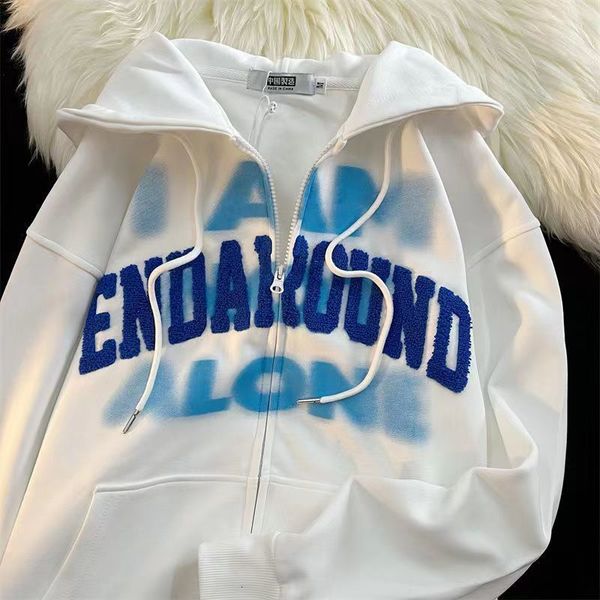 

women's hoodies sweatshirts american retro hiphop flocking cardigan hooded sweater men and women early autumn loose ins lazy wind thin, Black