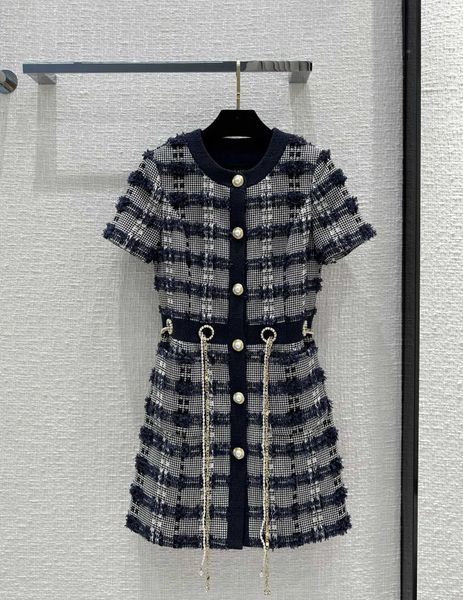 

temperament celebrity girl style pearl chain blue cloth dress, Black;gray