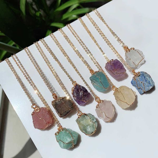 

pendant necklaces natural stone neckle small rock quartz pendulum amethysts citrines fluorite pink crystal for women healing y2302, Silver
