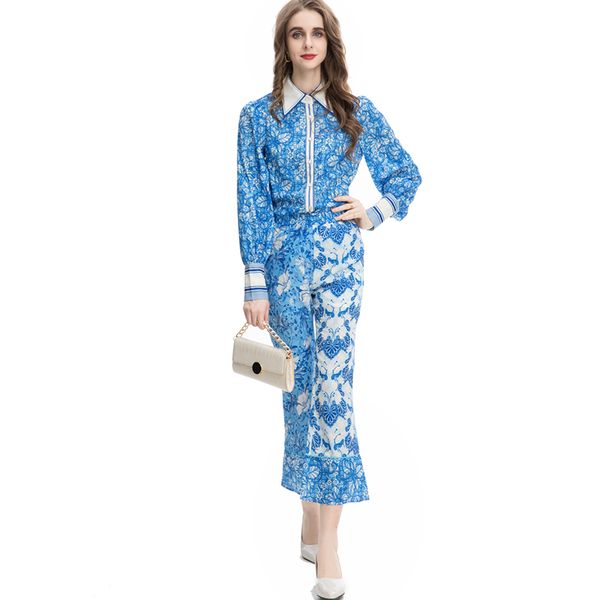 

women's runway two piece pants long sleeves turn down collar shirt with printed pant fashion twinset sets, White