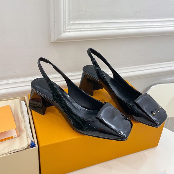 

womens low heel formal shoes square toe sandals slippers letter patent leather shoes casual luxury brand dance banquet single shoe r heel he, Black