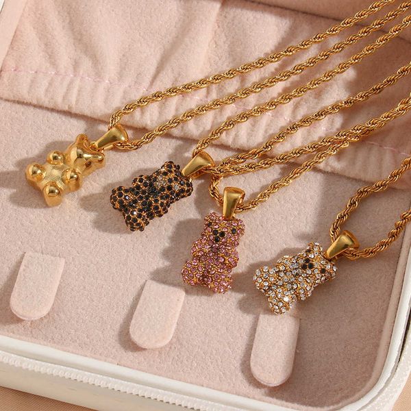 

pendant necklaces new lovely pink blk clear zircon bear neckles 18k gold plated waterproof tarnish jewelry for women y2302, Silver