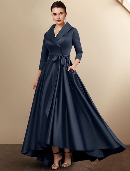 

a-line mother of the bride dress wedding guest party gowns elegant collar 3/4 sleeves asymmetrical floor length satin dark navy, Black;red