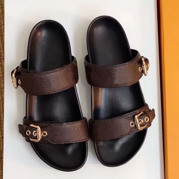 

bom dia flat mule 1a3r5m cool effortlessly stylish slides 2 straps with adjusted gold buckles women summer slippers, Black