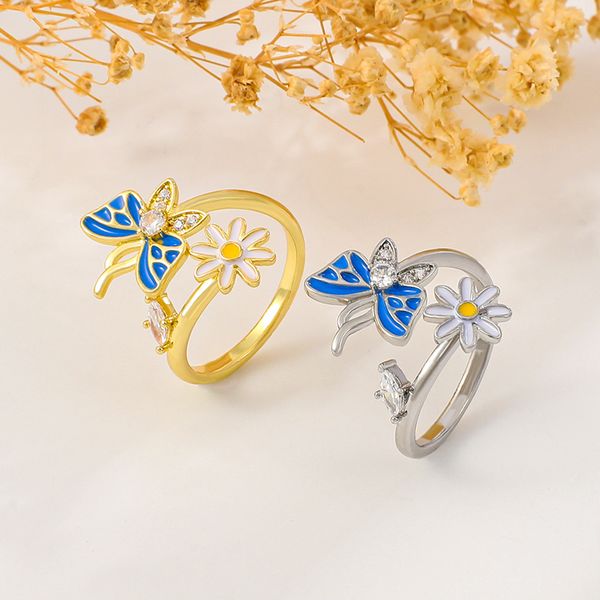 

s3410 fashion jewelry for women rings enamel butterfly flower opening adustable ring, Silver