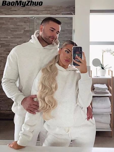 

women's two piece pants winter set tracksuit oversized suit men autumn trouser male sweatshirt solid sports hoodie sportswear 230208, White