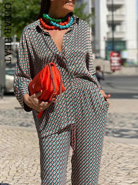 

women's two piece pants casual loose print straight trouser suit vintage full sleeves shirt sets summer lady fashion outfits 230208, White