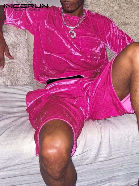 

men's tracksuits incerun sets velour solid color streetwear short sleeve pockets t shirt shorts 2pcs loose fashion casual suits 7 23020, Gray