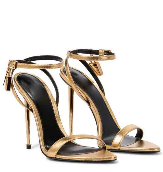 

luxury genuine leather sandal chain mirror leather padlock pointy naked gladiator women fine heel party wedding bridal eu35-43, Black