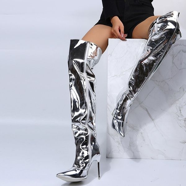 

boot mirror platform pointy toe high thin heels over the knee long autumn winter zip silver casual party shoes 230208, Black