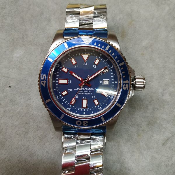 

44mm superocean blue dial automatic mens watch steel case blue stainless steel strap sport gents watches timezonewatch, Slivery;brown