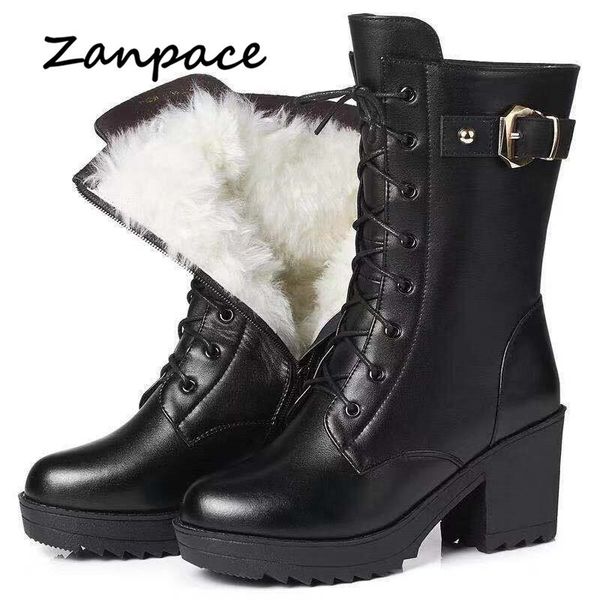 

boots zanpace leather women high heeled wool keep warm shoes large size 42 winter platform snow 230208, Black