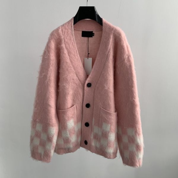 

new checkerboard cardigan sweater wool mohair blend thickened, White;black