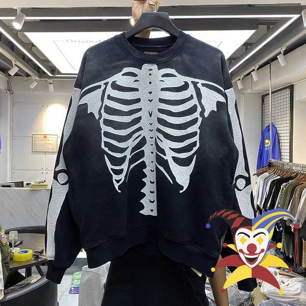

men's hoodies sweatshirts kapital sweatshirts men women skeleton washed vintage washed distressed crewneck pullovers t230111, Black