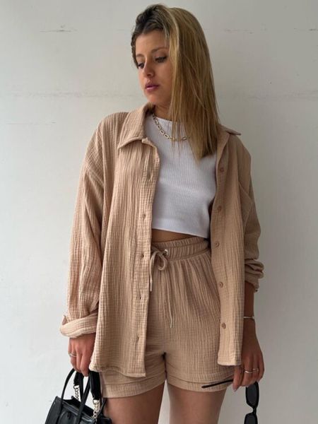 

women's tracksuits fashion chic pleated lapel shirts sets autumn long sleeve blouses with high waist shorts plus size loose women casua, Gray