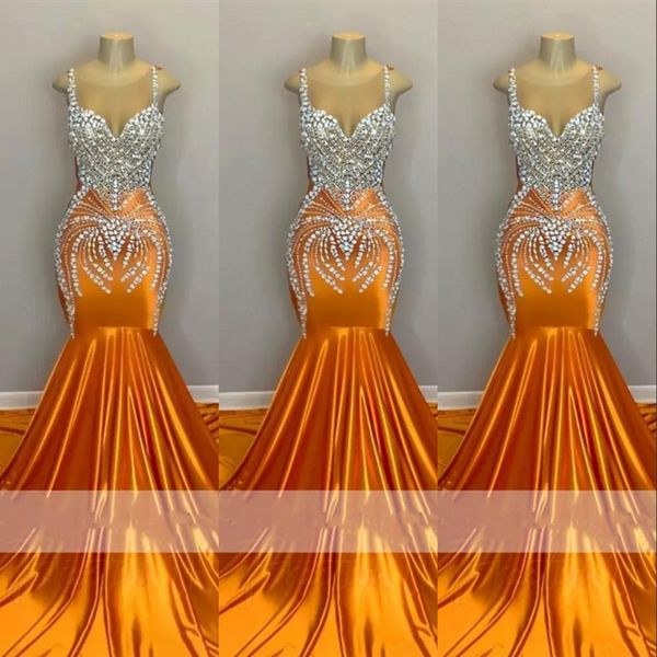 

2023 mermaid prom dresses orange silver crystal beading plus size arabic sheer neck illusion sleeveless evening formal party gowns sweep tra, Black