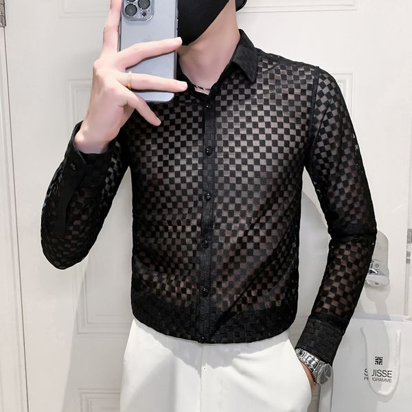 

mens casual shirts summer hollow out lace long sleeve smale slim fit lapel fashion nightclub 4xl 230208, White;black