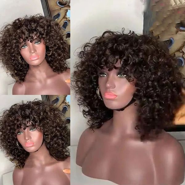 

afro kinky curly bob wigs short full machine made wig with bangs glueless brazilian remy human hair wigs for black women 150%density natural, Black;brown