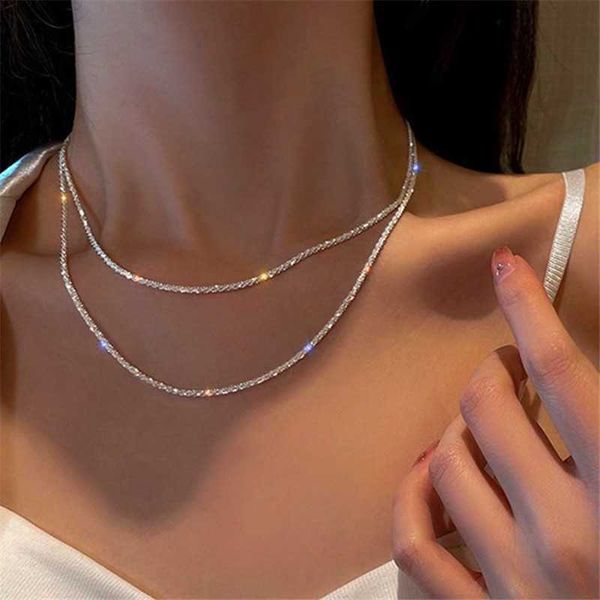 

pendant s silver color shiny choker double layer fashion women neck jewelry trendy short necklace wholesale dropshipping 0206