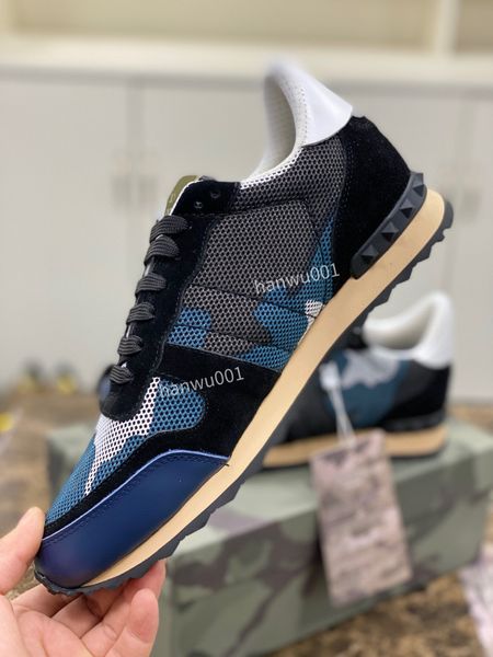 

2023 designers camouflage sneakers men women rivet shoes studded flats casual shoe mesh camo suede leather trainers rock runner, Black