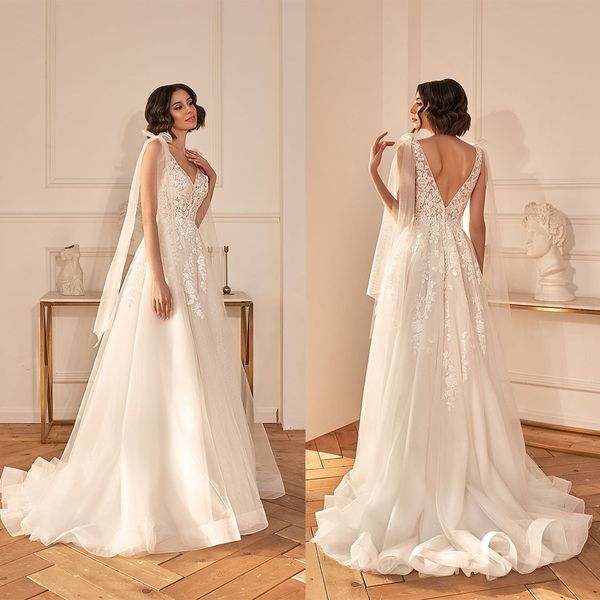 

glamorous a-line wedding dresses v-neck lace applicants tulle bow on the shoulder backless zipper court gown custom made plus size bridal dr, White