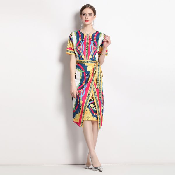 

2023 vintage summer lace up bow dress short sleeve vacation party print women designer dresses for special occasion sweet chic ladies o-neck, Black;gray