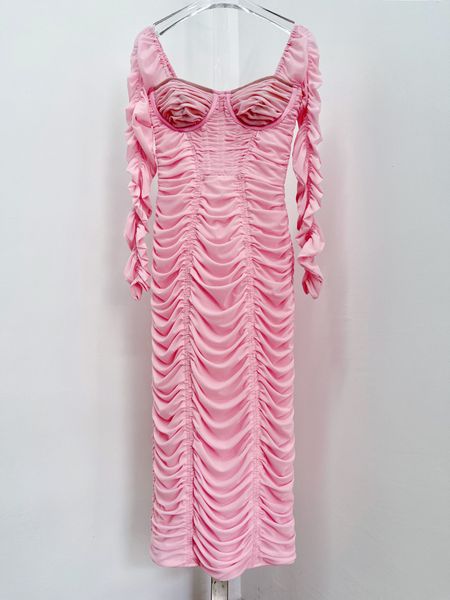 

new shoulder fitting dress with pink mesh fishbone pleats, Black;gray