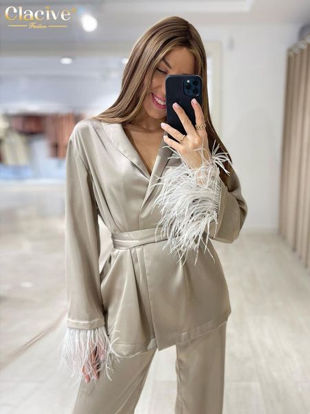 

women's two piece pants clacive causal loose home suit autumn fashion khaki satin wide set elegant long sleeve laceup robes 230208, White