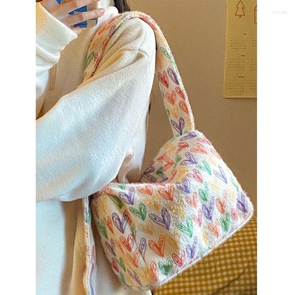 

shoulder bags autumn winter rainbow heart block women bag cute colorful print plush tote diagonal package crosbody purse