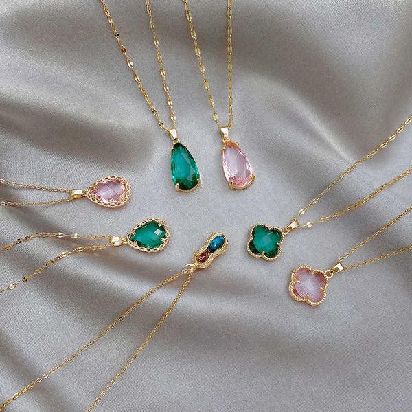 

pendant necklaces real gold plated stainless steel water drop neckle women fashion jewelry simple crystal choker collares green stone pendan, Silver