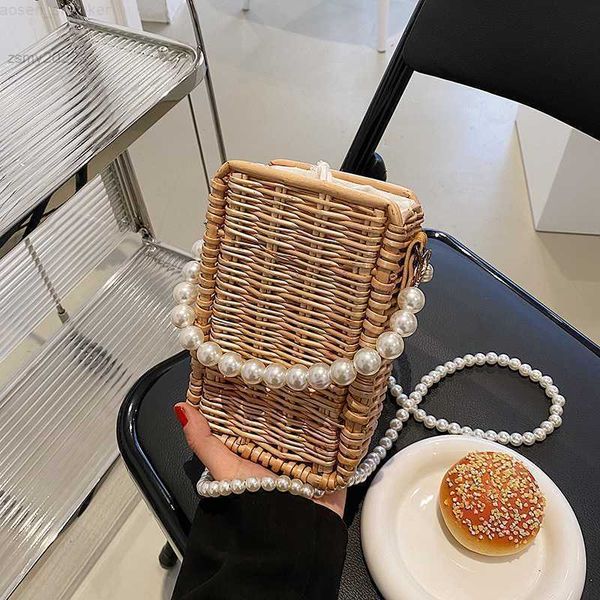 

pearl chain luxury straw shoulder bag for women designer square casual women's handbag 2022 new trend simple lady crossbody