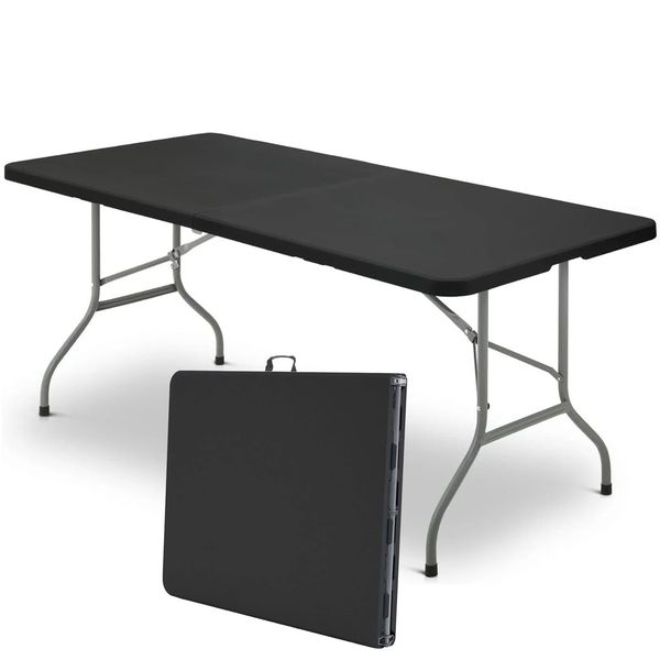 

vebreda 6 ft plastic folding table portable fold in-half table black