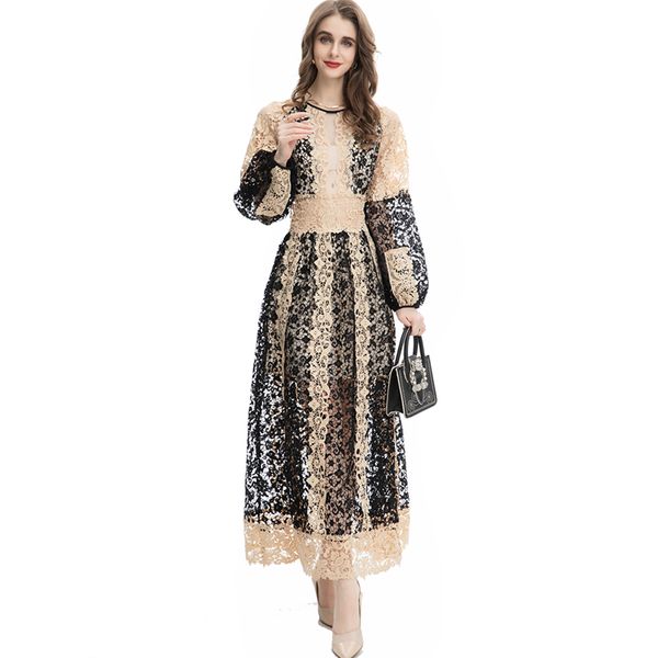 

women's runway dresses o neck long sleeves embroidery striped lace elegant fashion designer party prom vestidos, Black