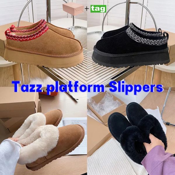 

with box fashion women platform slipper australia tazz slippers designer snow winter calfskin slippers classic ladies chestnut fur slides qn, Black