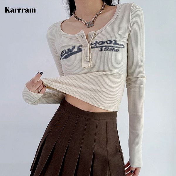 

women s t shirt karrram vintage letter print crop grunge ribbed t shirts slim long sleeve tee shirt women korean fashion streetwear 230208, White