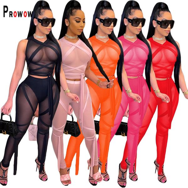 

women's two piece pants prowow sheer mesh women clothing set cropped high waisted pant suits skinny bandage slim bodycons outfits 2302, White