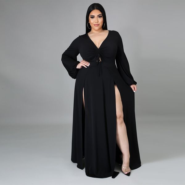 

plus size dresses plus size women's v-neck solid color plus size dress women's split skirt design autumn and winter evening dress, Black