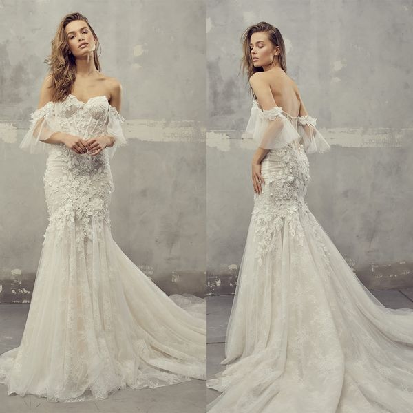 

glamorous mermaid wedding dresses sweetheart off the shoulder 3d flower applicants layer tulle backless court gown custom made plus size ves, White